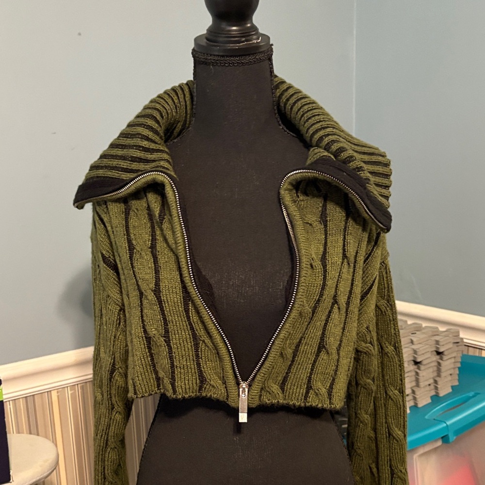 ASOS Olive Cable-Knit Zip Crop Sweater